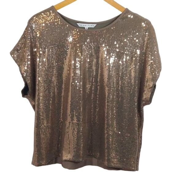 MO Trina Turk Gold Sparkle Sequin Flowy Fit Short Sleeve Blouse Top Shirt NWT XS - Picture 1 of 9